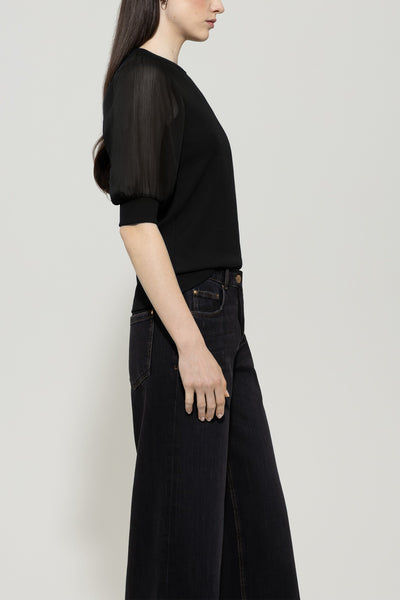 Ribbed Blouse with Crepe Sleeves