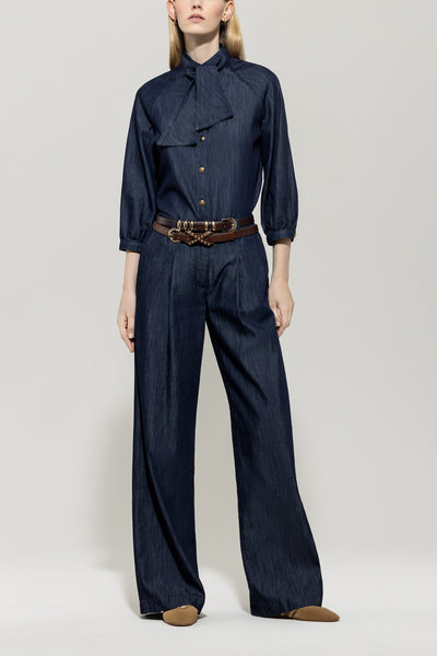 Wide-Leg Denim Pants with Pleats