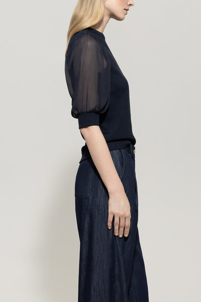 Ribbed Blouse with Crepe Sleeves