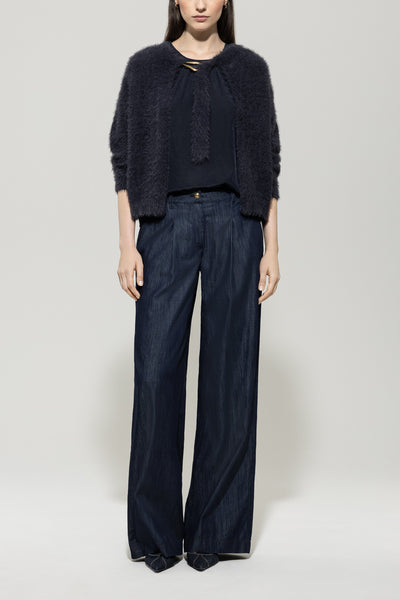 Navy Cardigan with Ribbon Tie