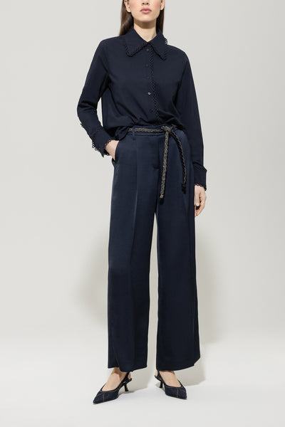 Navy Satin Wide-Leg Pants