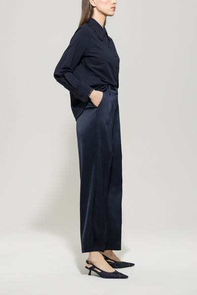 Navy Satin Wide-Leg Pants