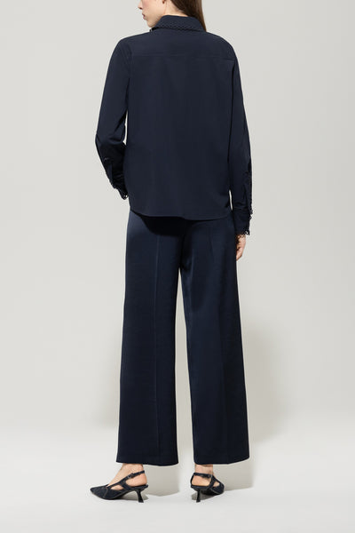 Navy Satin Wide-Leg Pants