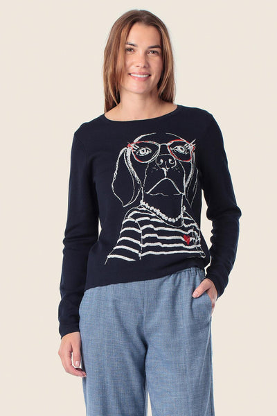 Fine Knit with Dog Motif in Navy