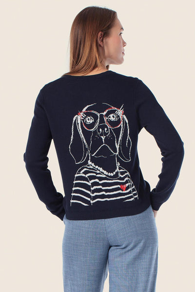 Navy Cardigan with Dog Motif on Back